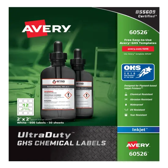 Avery UltraDuty GHS Chemical Labels for Pigment Inkjet Printers, Permanent Adhesive, Waterproof, UV Resistant, 2" x 2", 600 Labels (60526) {1}