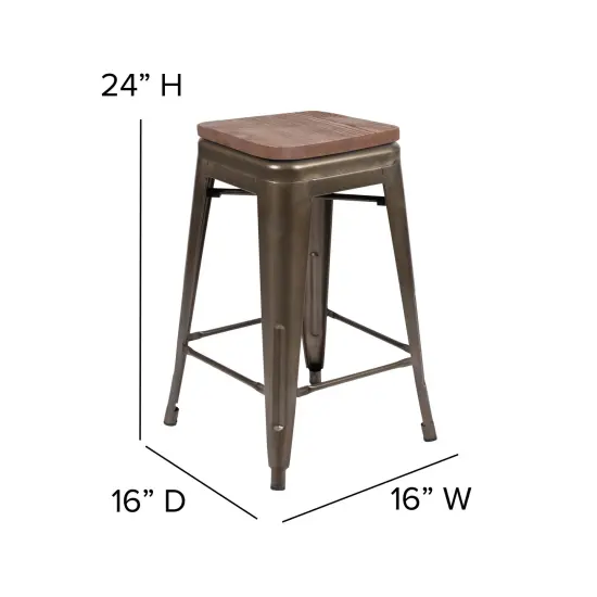 Merrick Lane Brooklyn 24 Inch Tall Stackable Metal Bar Counter Stool With Textured Elm Wood Seat In Set Of 4 Gun Metal {5}