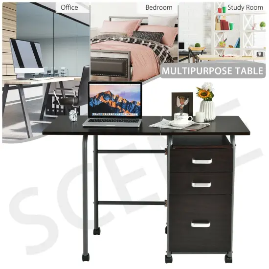 Costway Folding Computer Laptop Desk Wheeled Home Office Furniture w/3 Drawers Brown/Natural {5}
