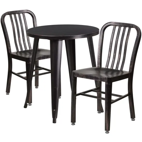 Emma and Oliver Commercial Grade 24" Round Metal Indoor-Outdoor Table Set & 2 Slat Back Chairs Black-Antique Gold {1}