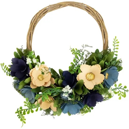 Northlight 12" Blue and Tan Poppy Floral Wooden Spring Basket Wreath {1}