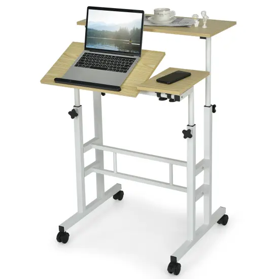 Costway Mobile Stand up Desk Adjustable Computer Desk Tilting Workstation {1}