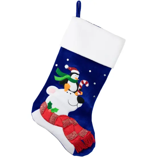 Northlight 24" Large Penguin and Bear Blue Velveteen Christmas Stocking with White Cuff {1}