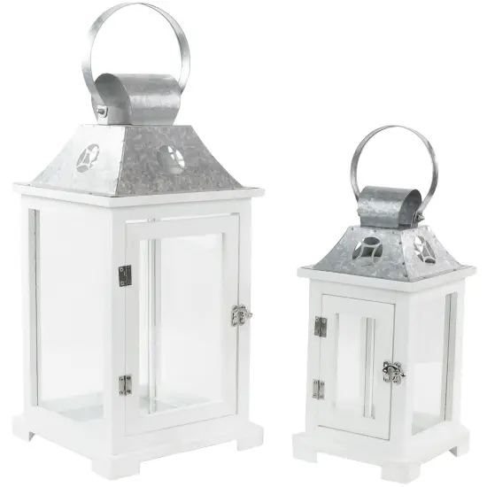 Northlight Wooden Candle Lanterns with Galvanized Metal Tops - 19.5" - White - Set of 2 {1}