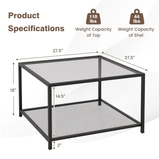 Costway Glass Coffee Table 27.5 Inch 2-Tier Square with Mesh Shelf Living Room Grey/Transparent {3}