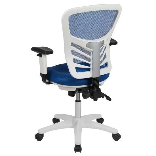 Emma and Oliver Mid-Back Mesh Triple Paddle Swivel Ergonomic Office Chair with Adjustable Arms BlueMesh/WhiteFrame {4}