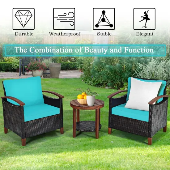 3 pcs Solid Wood Frame Patio Rattan Furniture Set Turquoise {2}