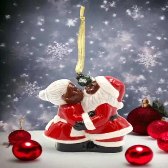 Ceramic African American Kissing Santa Couple Tree Ornament, Home Décor, Gift for Her, Mom, Him, Dad, Christmas tree Décor, Wall Decor {1}
