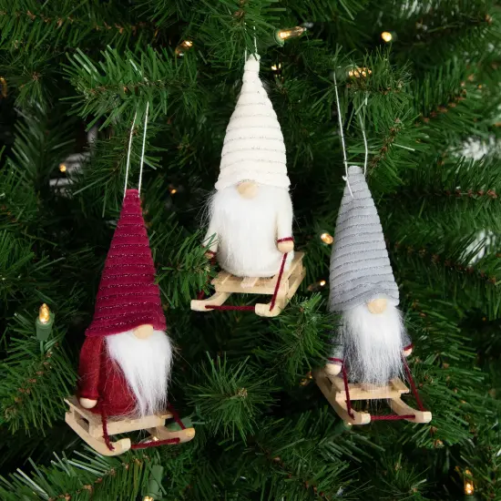 Northlight Plush Sledding Gnomes Christmas Figurine Ornaments - 5.25" - Set of 3 Red {3}