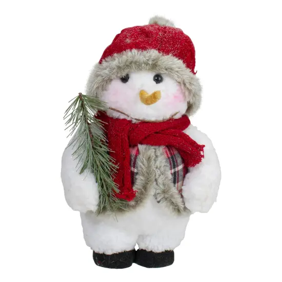 Northlight Plush Snowman with Pine Sprig Wearing Plaid Vest Christmas Figure - 10" White {1}
