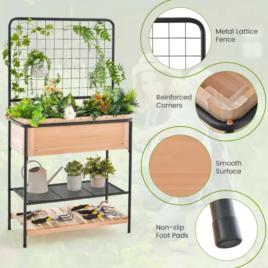 Costway 59" Raised Wooden Garden Bed with Metal Trellis Open Storage Shelves Drain Holes {6}