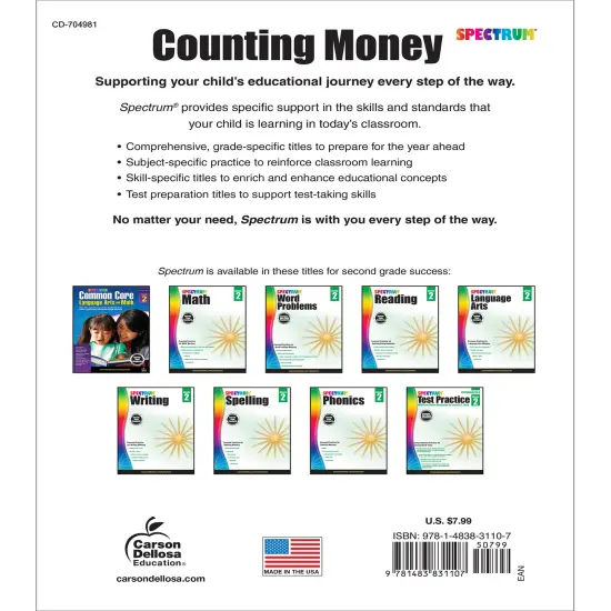 Spectrum Grade 2 Counting Money Workbook, Ages 7-8, Addition, Subtraction, and Counting Money, 2nd Grade Math Word Problems With Bills and Coins, Grade 2 Math Workbook for Kids {2}