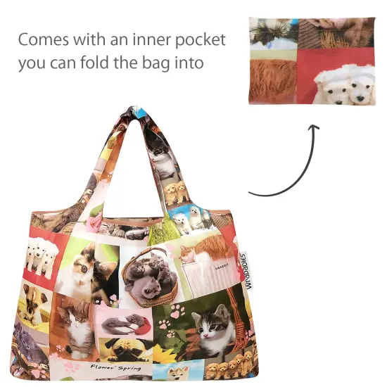 Wrapables Large & Small Foldable Tote Nylon Reusable Grocery Bags, Set of 2 Cats & Dogs {5}