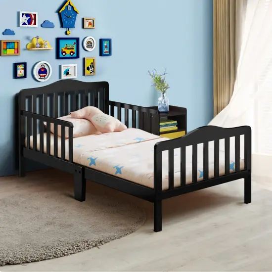 Classic Design Kids Wood Bed Frame with Two Side Safety Guardrails Black {2}