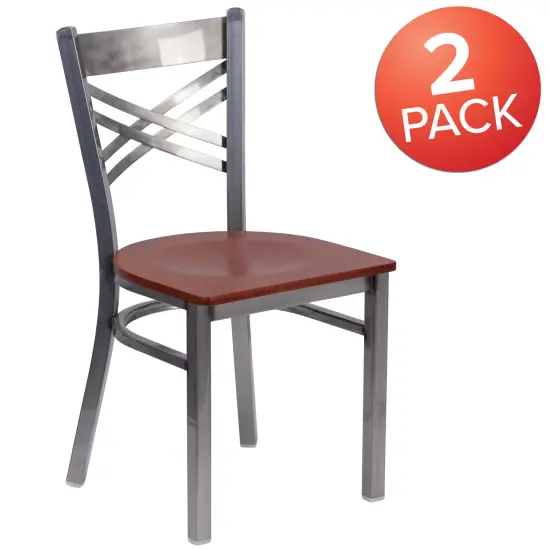 Emma and Oliver 2 Pack Clear Coated "X" Back Metal Restaurant Chair Cherry/ClearCoated {5}