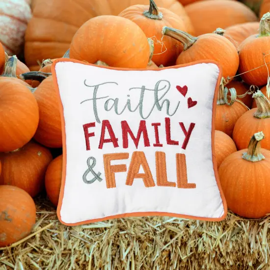 "Faith Family & Fall" Cotton Blend Embroidered Mini Thanksgiving Accent Pillow 10" x 10" {6}