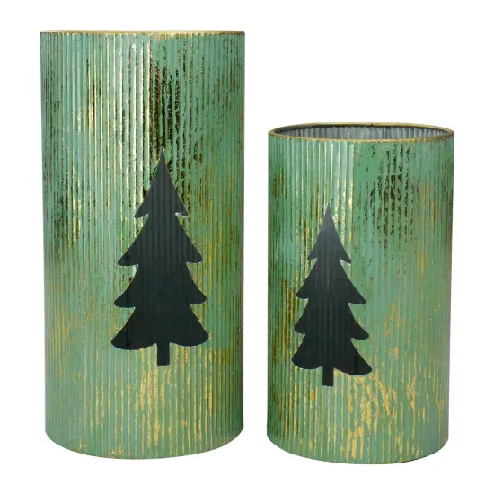 Northlight Rustic Christmas Tree Candle Lanterns - 12" - Green and Gold - Set of 2 {1}