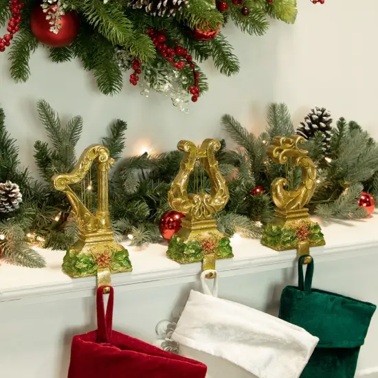 Northlight Glittered Harp Christmas Stocking Holders - 7" - Gold Finish - Set of 3 {6}
