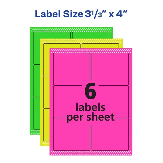 Avery Removable Multipurpose Labels, Sure Feed Technology, 3-1/3" x 4", Assorted Neon, 72 Labels (6482) {4}