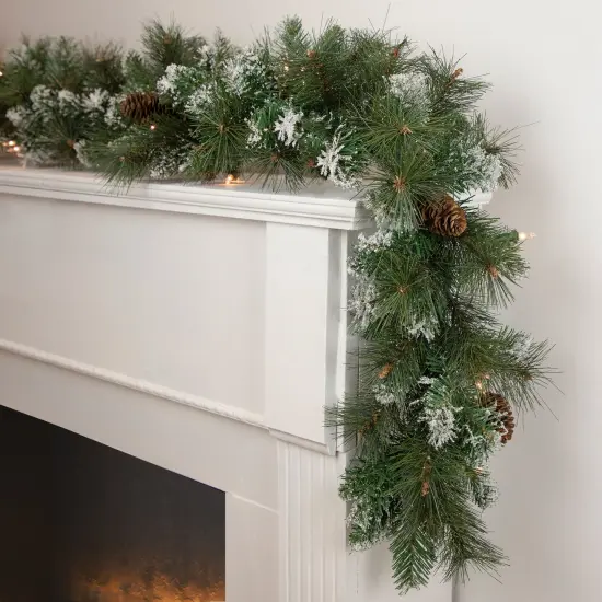 Northlight Real Touch&trade;️ Pre-lit Snow Valley Pine Artificial Christmas Garland - 9' x 10" - Clear Lights Green {3}