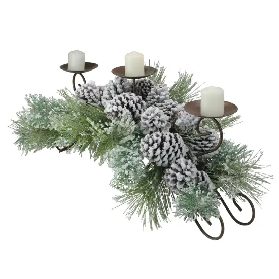 Melrose 30" Green Frosted Pine Needle and Pine Cone Christmas Candle Holder {3}