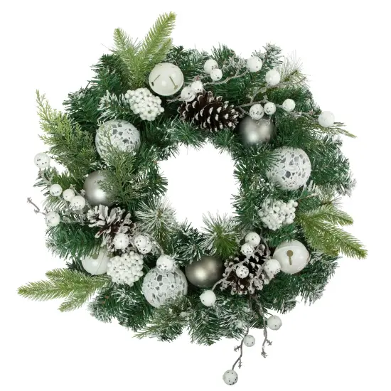 Northlight Green Pine Frosted Artificial Christmas Wreath with Laced Ornaments, 24-Inch, Unlit {1}