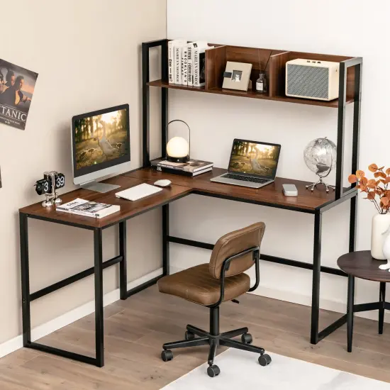 Costway 55''L-Shaped Desk Corner Computer Desk Writing Workstation Table w/Hutch {8}