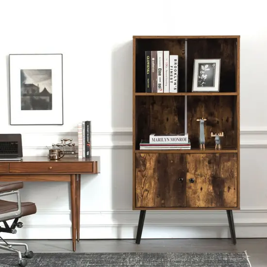 Costway 2-Tier Retro Bookcase Bookshelf w/3 Compartment&2 Doors Industrial Cabinet {3}