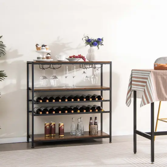 Costway Rustic 5-tier Wine Rack Table 22 Bottle Wine Cabinet Freestanding with Glass Holder {2}