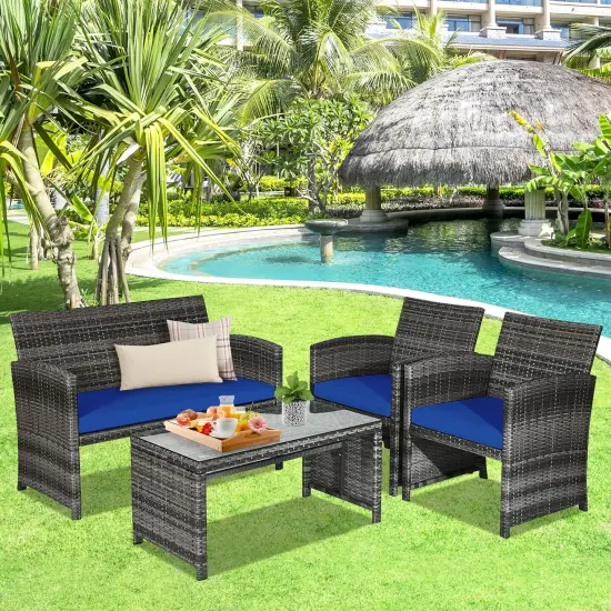 4 Pieces Patio Rattan Furniture Set with Glass Table and Loveseat Navy {3}