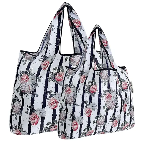 Wrapables Large & Small Foldable Tote Nylon Reusable Grocery Bags, Set of 2 Rose & Stripes {1}