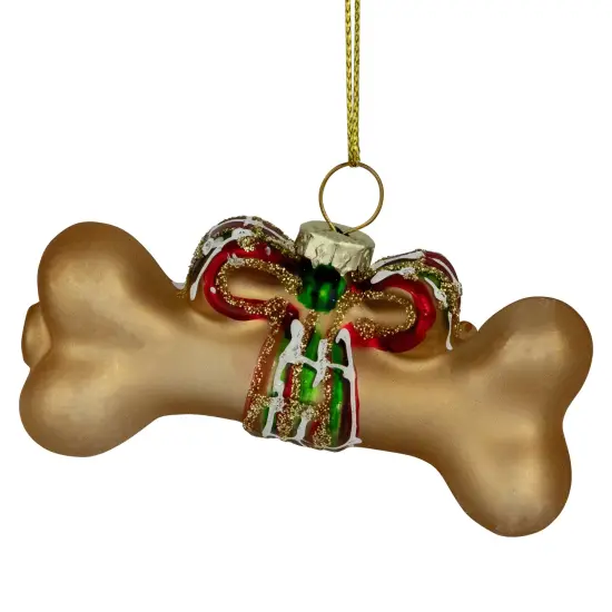 Northlight 3.25" Gold Dog Bone with Bow Glass Christmas Ornament {6}