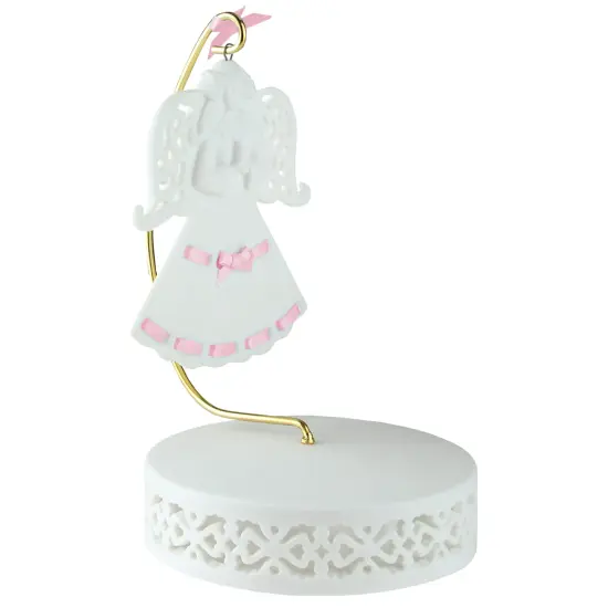 Roman Pink Ribbon Porcelain Angel Ornament With Hanger and Base #46721G White {3}