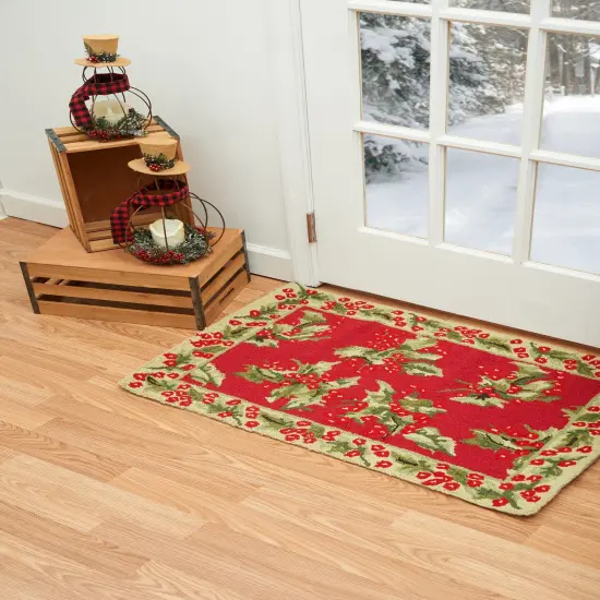 2' x 3' Christmas Holly Leaves Berries Holiday Botanical Mistletoe Wool Traditional Handcrafted Premium Hooked Indoor Area Rug {4}