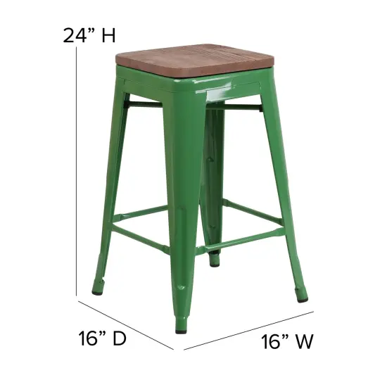 Merrick Lane Dalton Series Backless Metal Dining Stool with Wooden Seat for Indoor Use Green {5}