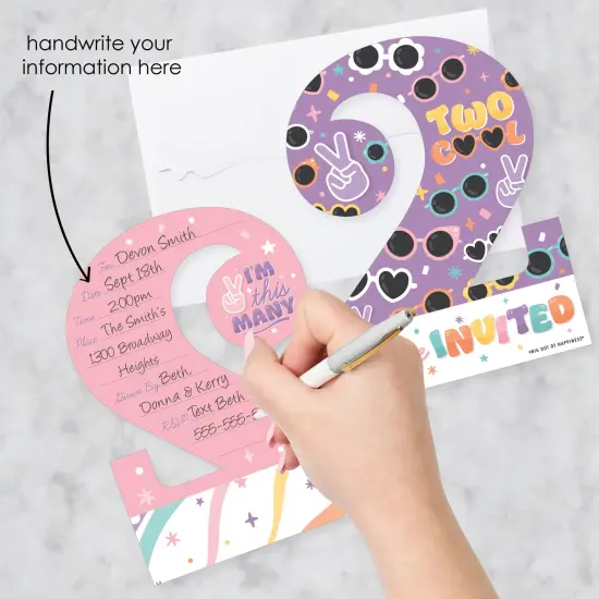 Big Dot of Happiness Two Cool - Girl - Shaped Fill-In Invitations - Pastel 2nd Birthday Party Invitation Cards with Envelopes - Set of 12 {3}