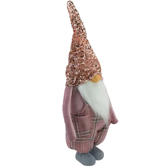 Northlight Tall Christmas Gnome Figure with Plaid Overalls Sequin Hat - 30" - Pink and Gray {5}