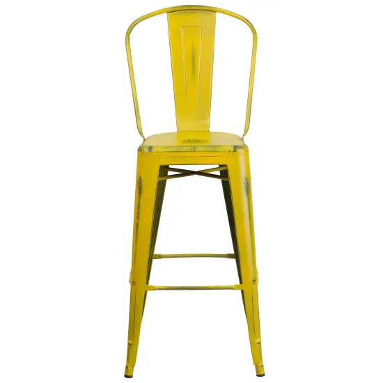Emma and Oliver Commercial Grade 4 Pack 30" High Distressed Metal Indoor-Outdoor Barstool with Back Yellow {3}