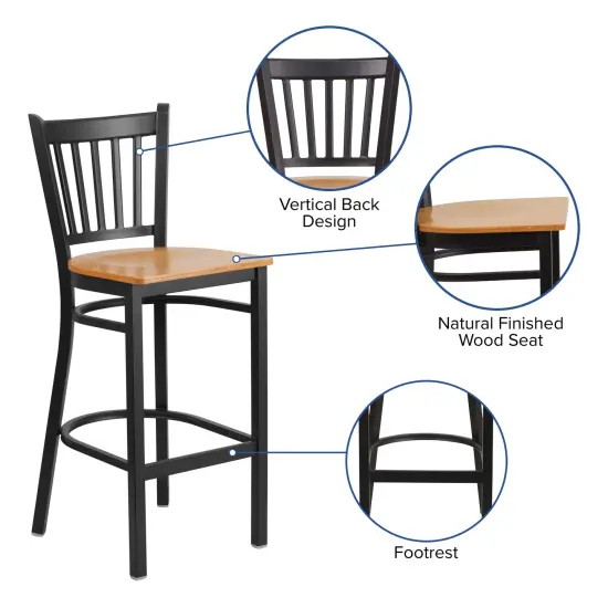 Emma and Oliver Vertical Back Metal Restaurant Dining Barstool Natural/BlackMetal {2}