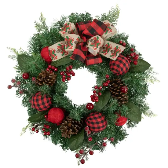 Northlight Pine Artificial Christmas Wreath with Bows and Plaid Ornaments - 24" - Unlit Green {1}