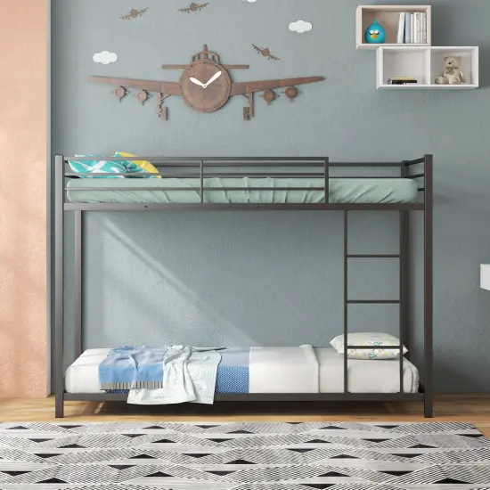 Twin Over Twin Metal Bunk Bed, Low Profile, Safe, No Box-Spring Black {6}