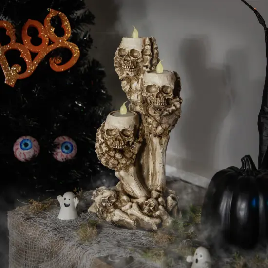 Northlight Triple Skulls and Bones Halloween Tea Light Candle Holder - 12" Beige {1}