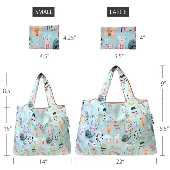 Wrapables Large & Small Foldable Tote Nylon Reusable Grocery Bags, Set of 2 Cool Cats {2}