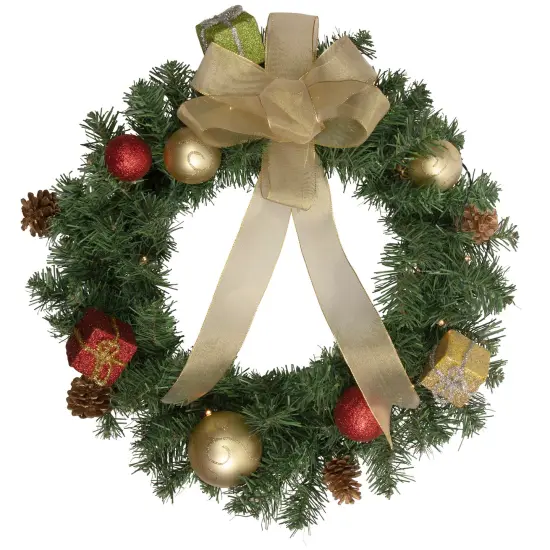 Northlight Pre-Lit Battery Operated Pine Cone and Gifts Christmas Wreath - 24" - Warm Clear LED Lights Green {1}