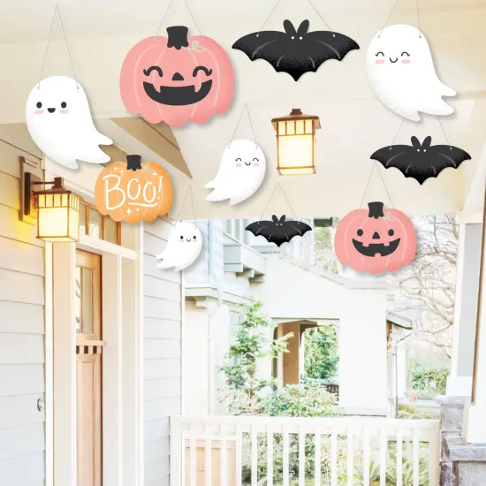 Big Dot of Happiness Hanging Pastel Halloween - Outdoor Pink Pumpkin Party Hanging Porch and Tree Yard Decorations - 10 Pieces {1}