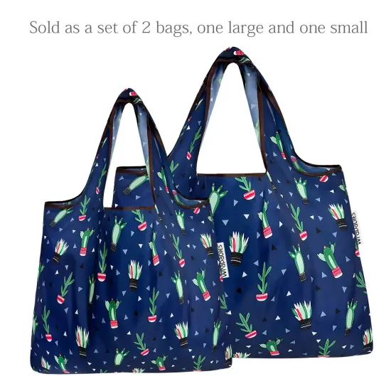 Wrapables Large & Small Foldable Tote Nylon Reusable Grocery Bags, Set of 2 Cactus Party {3}