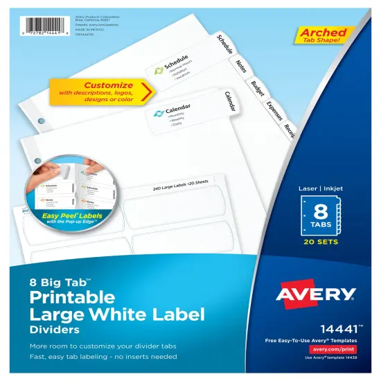 Avery Big Tab Printable Large White Label Dividers with Easy Peel, 8 Tabs, 20 Sets (14441) {1}