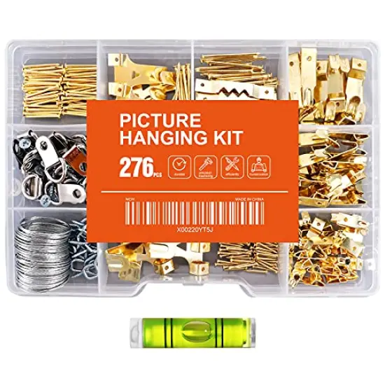 276pcs Picture Hanging Kit, Picture Hanger Assortment, Heavy Duty Frame Hooks with Nails, Hanging Wire, Screw Eyes, D Ring and Sawtooth Hardware for Frames Mounting {1}