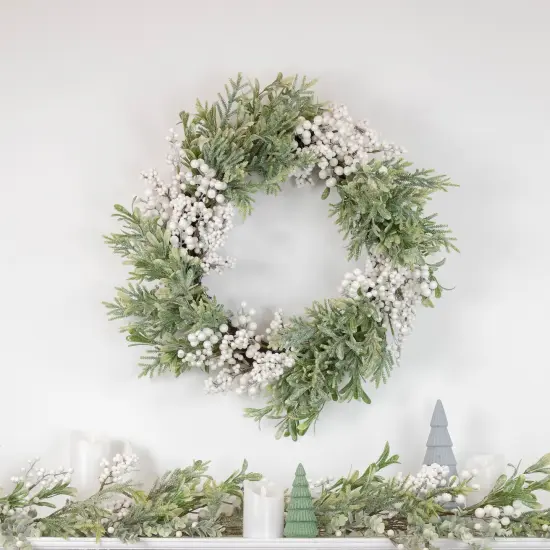 Northlight 5' x 10" White Berry and Frosted Pine Christmas Garland, Unlit Green {3}