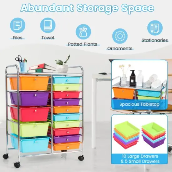 15-Drawers Multi-Use Rolling Storage Organizer Cart with Chrome Finish Steel Frame Perfect for Any Room Multicolor {3}